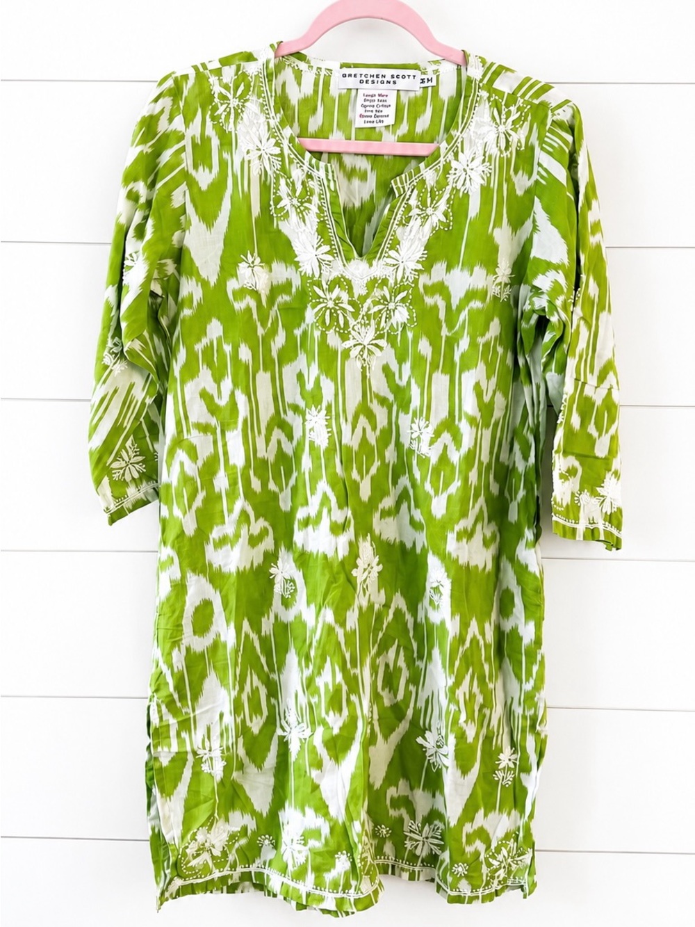 Gretchen Scott Designs Green Ikat Embroidered Tunic Dress Size M